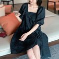 thumbnail image 5 of Robes Rétro pour Femmes Col Carré Manches Courtes Bouffantes Mi-Longues Robe Mini Ligne A, 5 of 5
