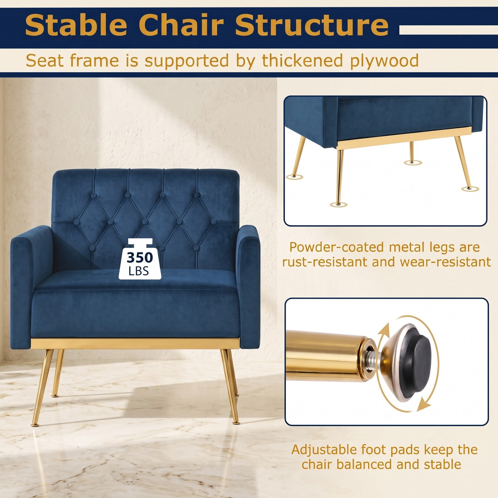Furnibear Modern Velvet Accent Chair, Button-Tufted Upholstered Single Sofa Armchair with Metal Legs and Adjustable Feet for Living Room Bedroom Study, Holds 350, Blue