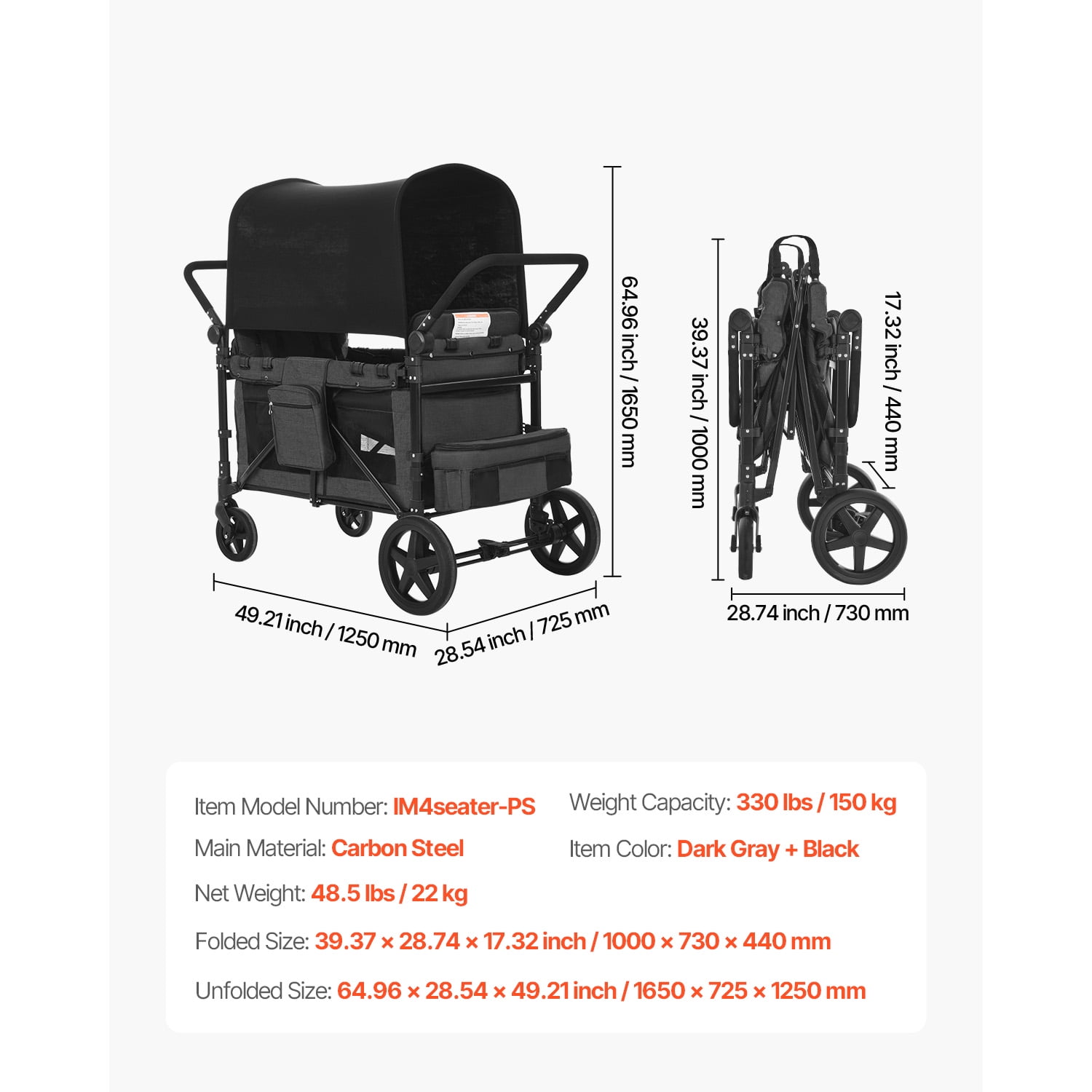 KFFKFF Four-Child Buggy, Adjustable Handle Quad Folding Carriage, Safety Straps & Detachable Shade, Quad Seating Buggy for Outdoor Activities, Charcoal Grey & Ebony (330LBS Capacity)