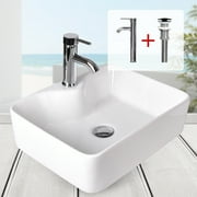 FULLWATT Bathroom Ceramic Sink Vanity Vessel Basin Porcelain Faucet Drain Combo Rectangle,White
