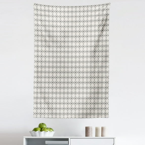 Geometric Tapestry, Geometrical Lines Stripes Plus Like Image with Pale Grey Backdrop Art Print, Fabric Wall Hanging Decor for Bedroom Living Room Dorm, 5 Sizes, Black and White, by Ambesonne