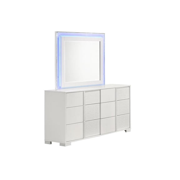 White Wood Lacquer 6 Drawer Dresser with Mirror and Blue LED Lighting