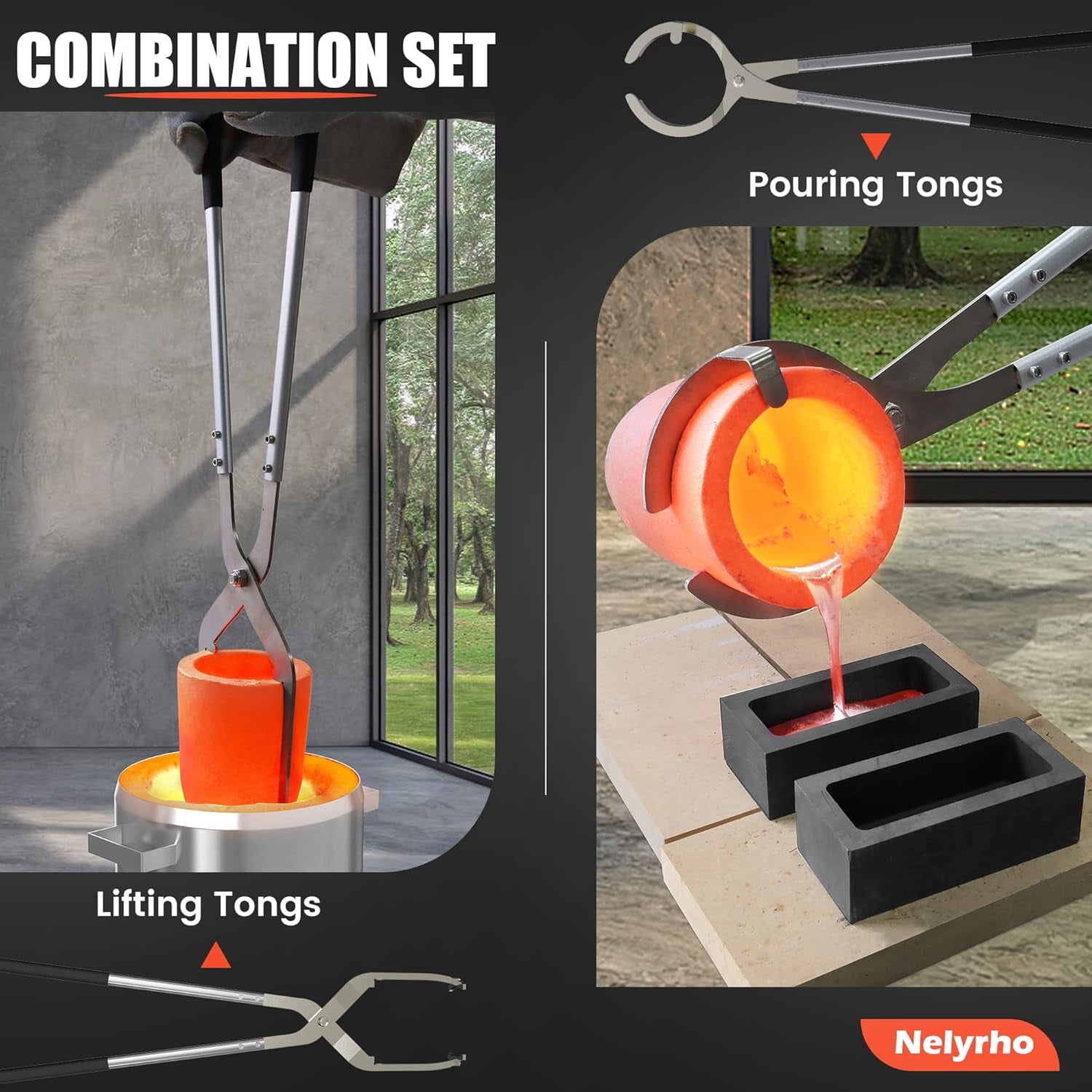 Nelyrho Crucible Tongs Set with 2 Graphite Crucibles #10 (26lbs-12kg) Smelting Kit for Metal Casting and Jewelry Making, Stainless Steel Lifting and Pouring Tongs