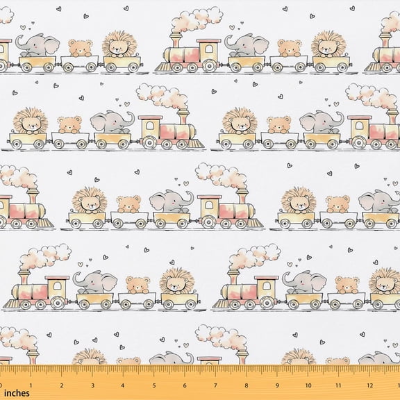 Erosebridal White Animal Train Fabric by the Yard 1 Yard, Lion Bear Heart Home Decor Fabric by the Yard