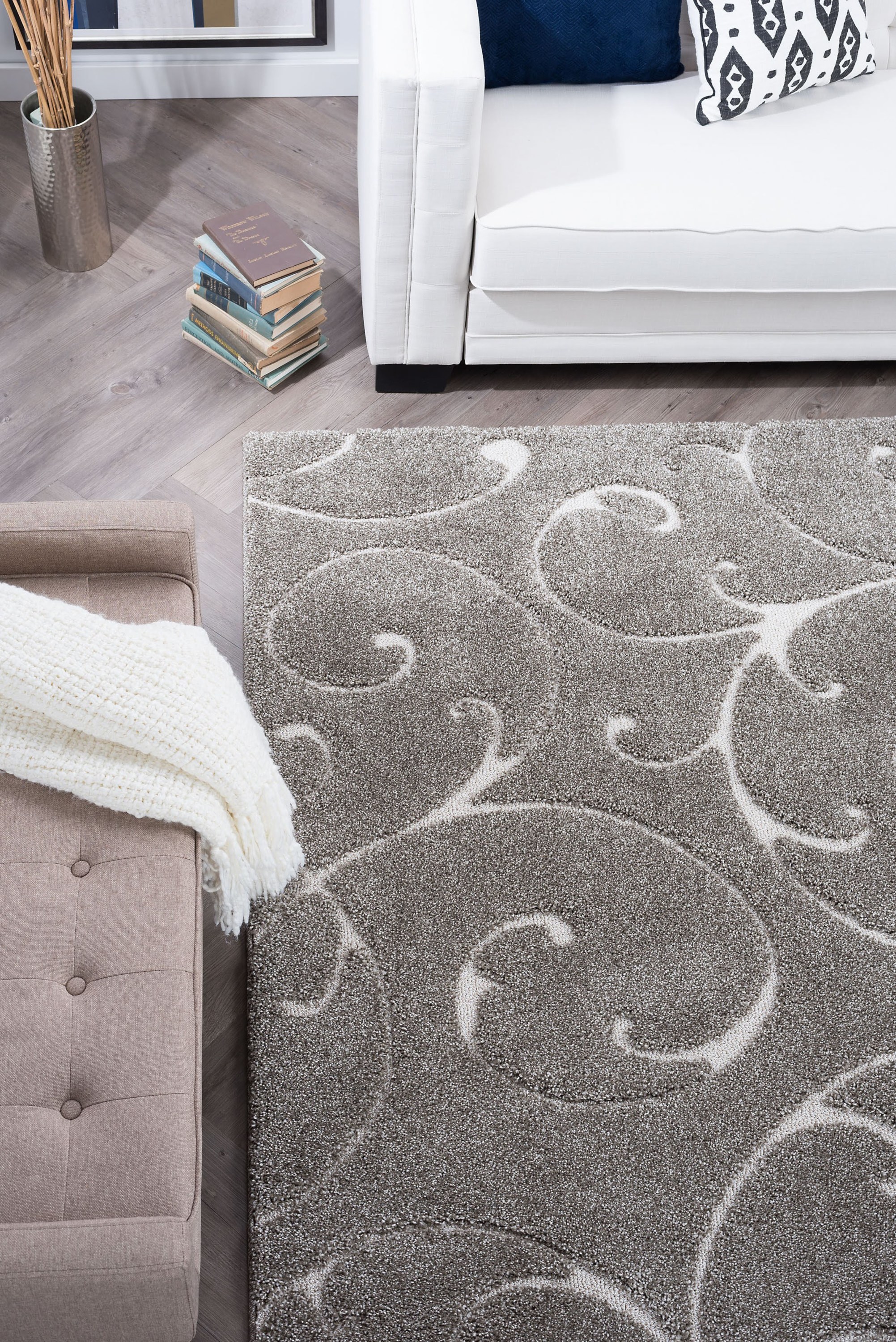 Transitional 9x13 Area Rug Shag Thick (9'3'' x 12'6'') Scroll Taupe, Cream Living Room Easy to Clean