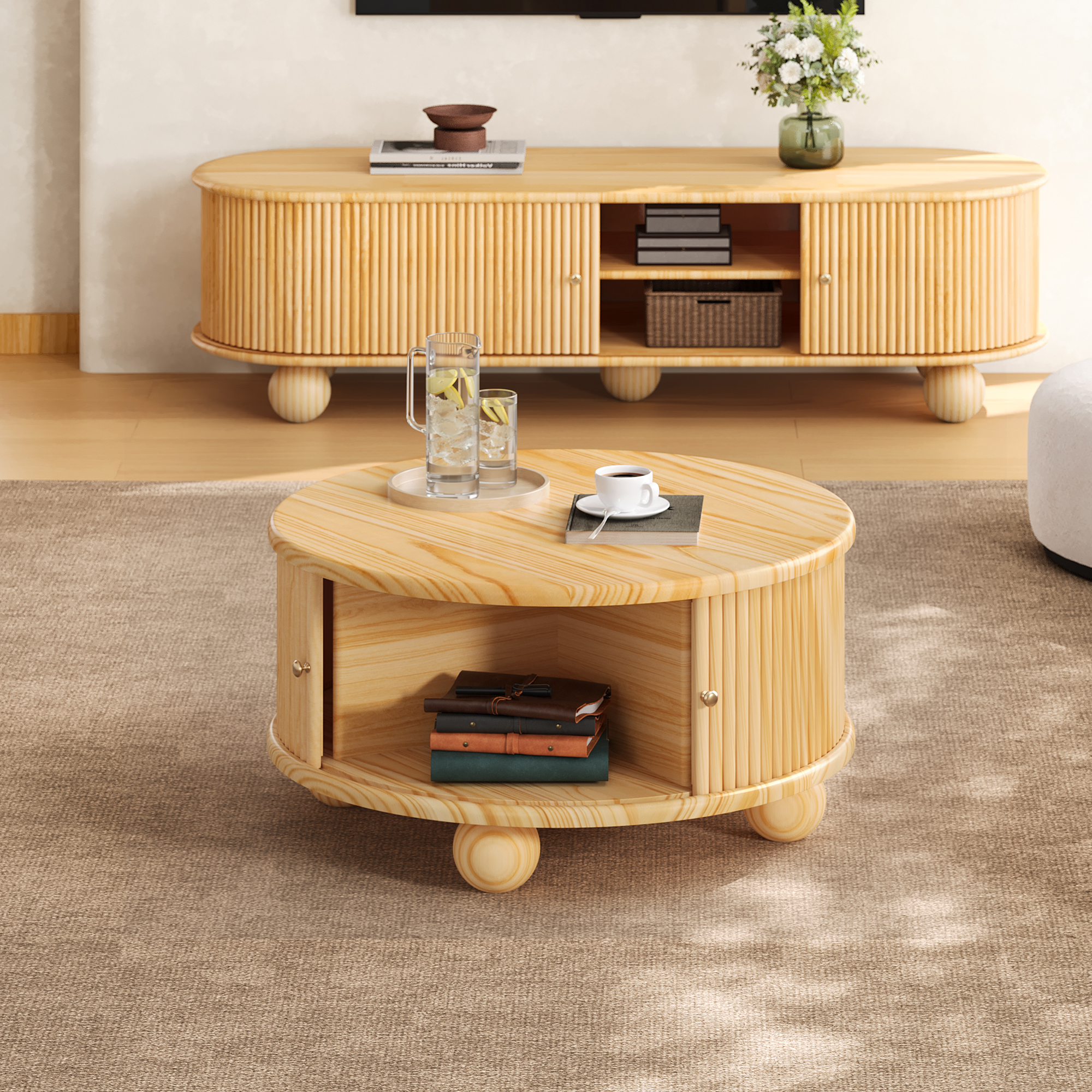 Euroco Round Fluted Coffee Table with Storage, Sliding Door, Natural, 31.8"