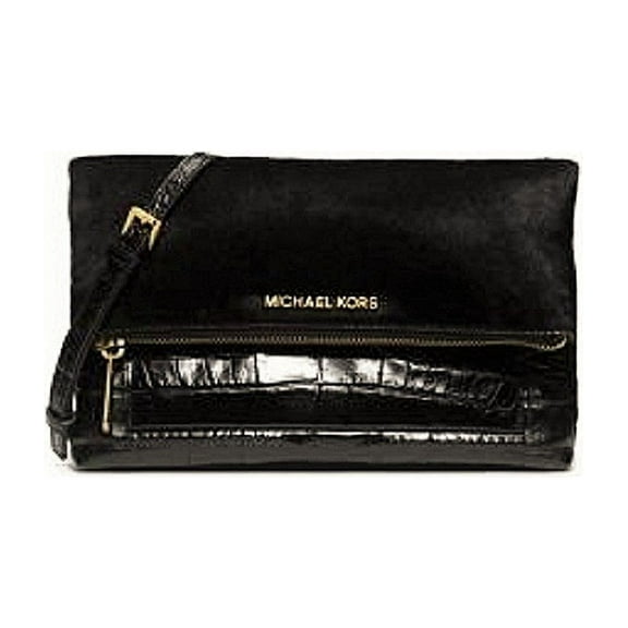 Michael Kors Jet Set Travel Embossed-leather Clutch Black Haircalf and Leather New