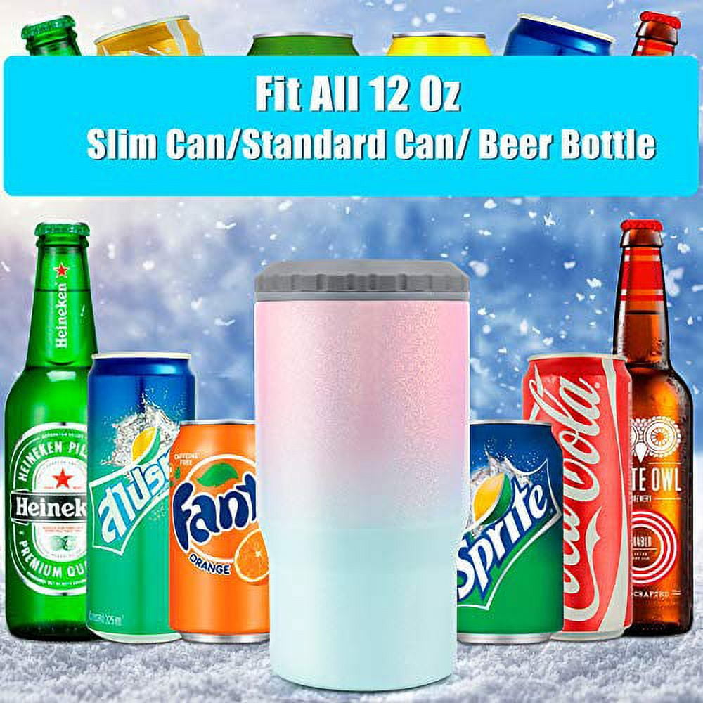 4 In 1 Insulated Universal Can Cooler with Lid - Newest Signice 12 Oz  Stainless Steel Can Cooler Double Walled Vacuum Insulator for Skinny Tall  Slim