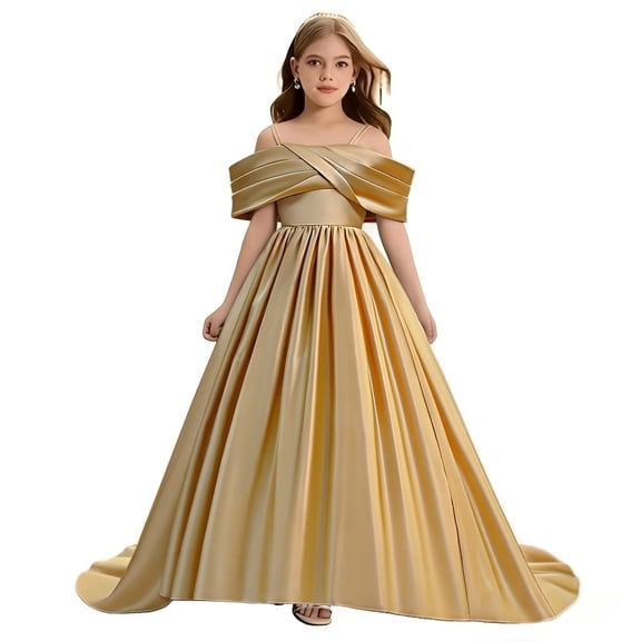 EnJoCho Teenage Wedding Dress Fl𝗈wy Girls Formal Long Dress One Shoulder Spaghetti Strap Flower Dresses Kids Cute Plain A Line Birthday Wedding Par𝗍y Dress