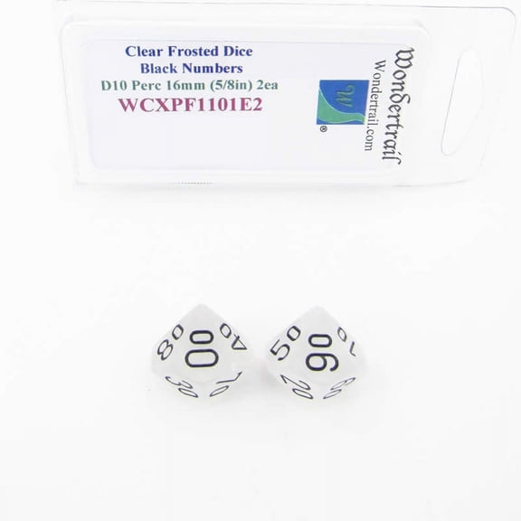 Clear Frosted Dice with Black Numbers D10 Perc Aprox 16mm (5/8in) Pack of 2 Wondertrail