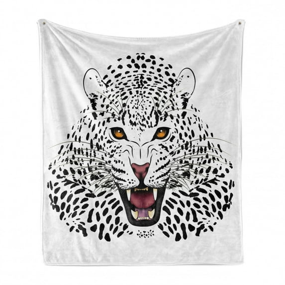 Safari Soft Flannel Fleece Blanket, Leopard Illustration Predator Angry Silhouette Endangered Species Amber Eyes, Cozy Plush for Indoor and Outdoor Use, 60" x 80", Black White Amber, by Ambesonne