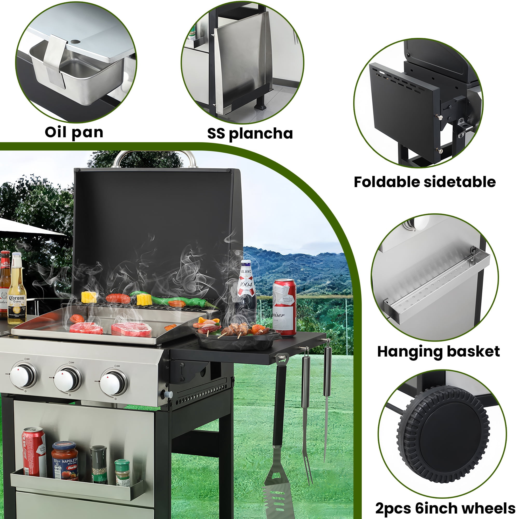 Seizeen 3-Burner Propane Gas Grill, Outdoor 2-IN-1 BBQ Grill & Griddle, Portable Combo Grills Stainless Steel, W/Two Foldable Shelves, Two Cooking Areas, Wheels