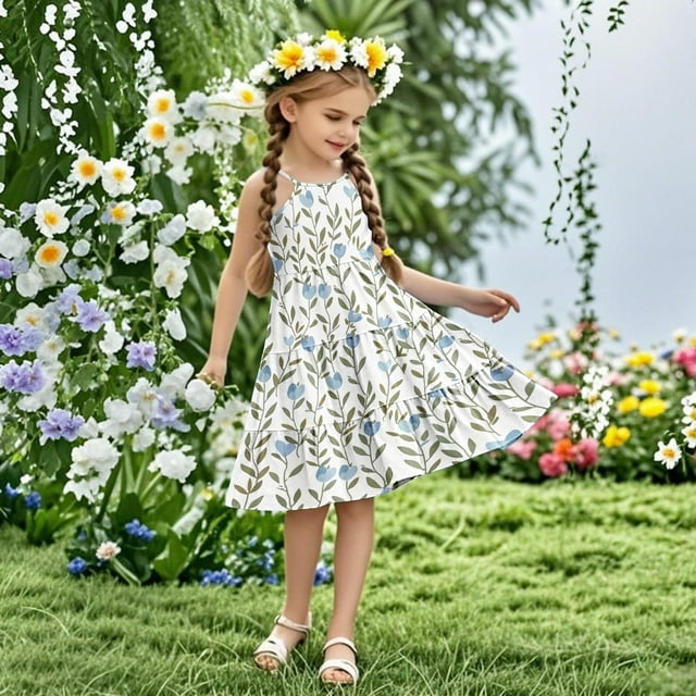LOVZFMLL Robe d'Été Sans Manches à Bretelles Boho pour Fillettes, 4-14 Ans