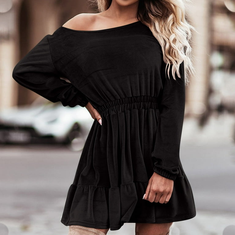 women's smocked ruffle hem long sleeve dress Cfhntfmh Mini Dresses for Women Trendy Long Sleeve Crewneck Tunic Shirts Dress Comfy Smocked Ruffle Hem Dress, Women's, Size: XL, Black