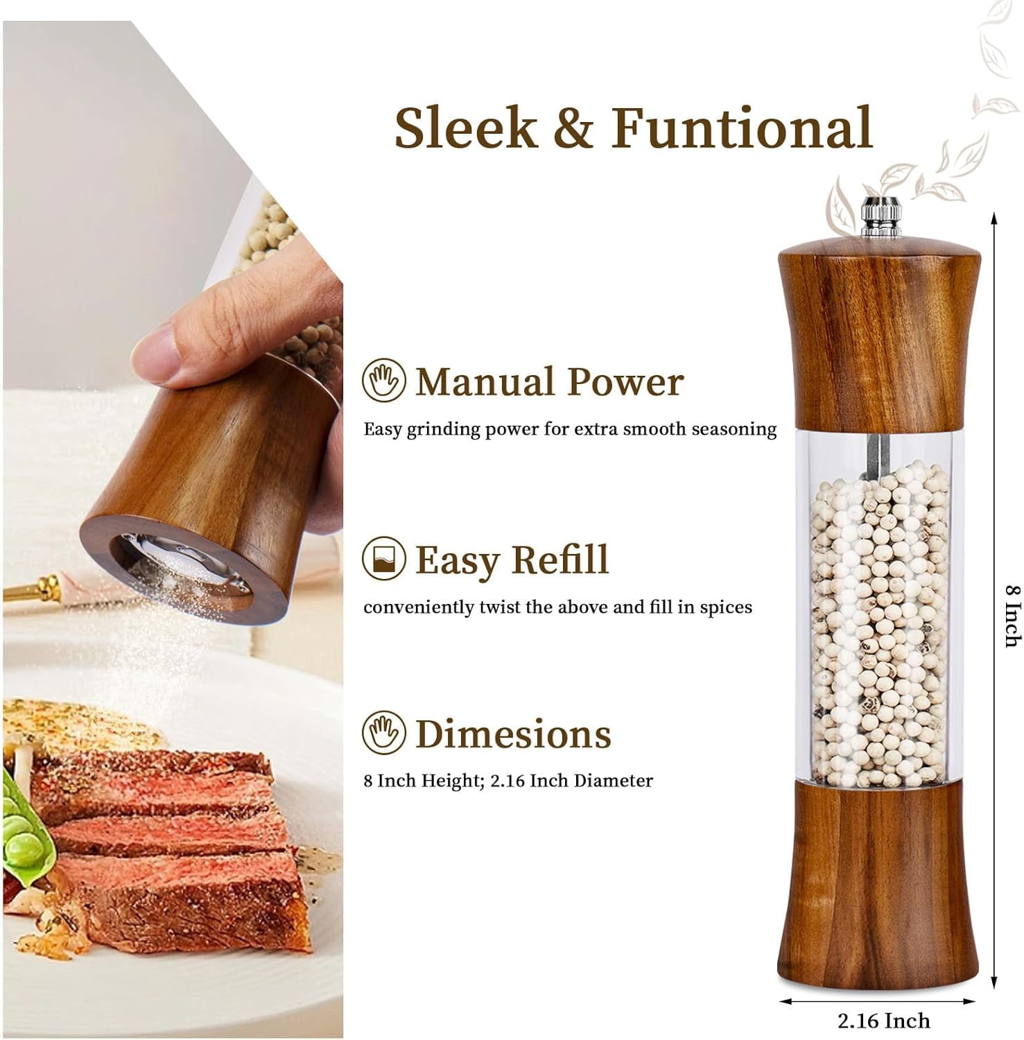 Acacia Wood Premium Acrylic Salt Grinder and Pepper Grinder Set 8 Inches Salt and Pepper Mill Set, Manual Salt and Pepper Mills- Wooden Shakers with Adjustable Ceramic Core 2 Pack