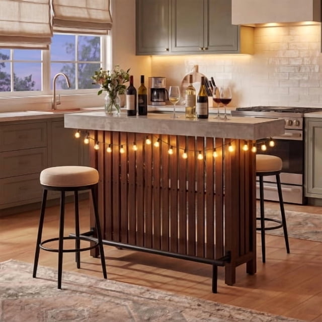 U_Style-CA 3-in-1 Dining Table, Counter Height Table & Bar Table with Wine Storage,Modern Top Kitchen Island Table with Footrest and 2-Tier Wine Rack, Suitable for Dining Room, Kitchen & Home Bar