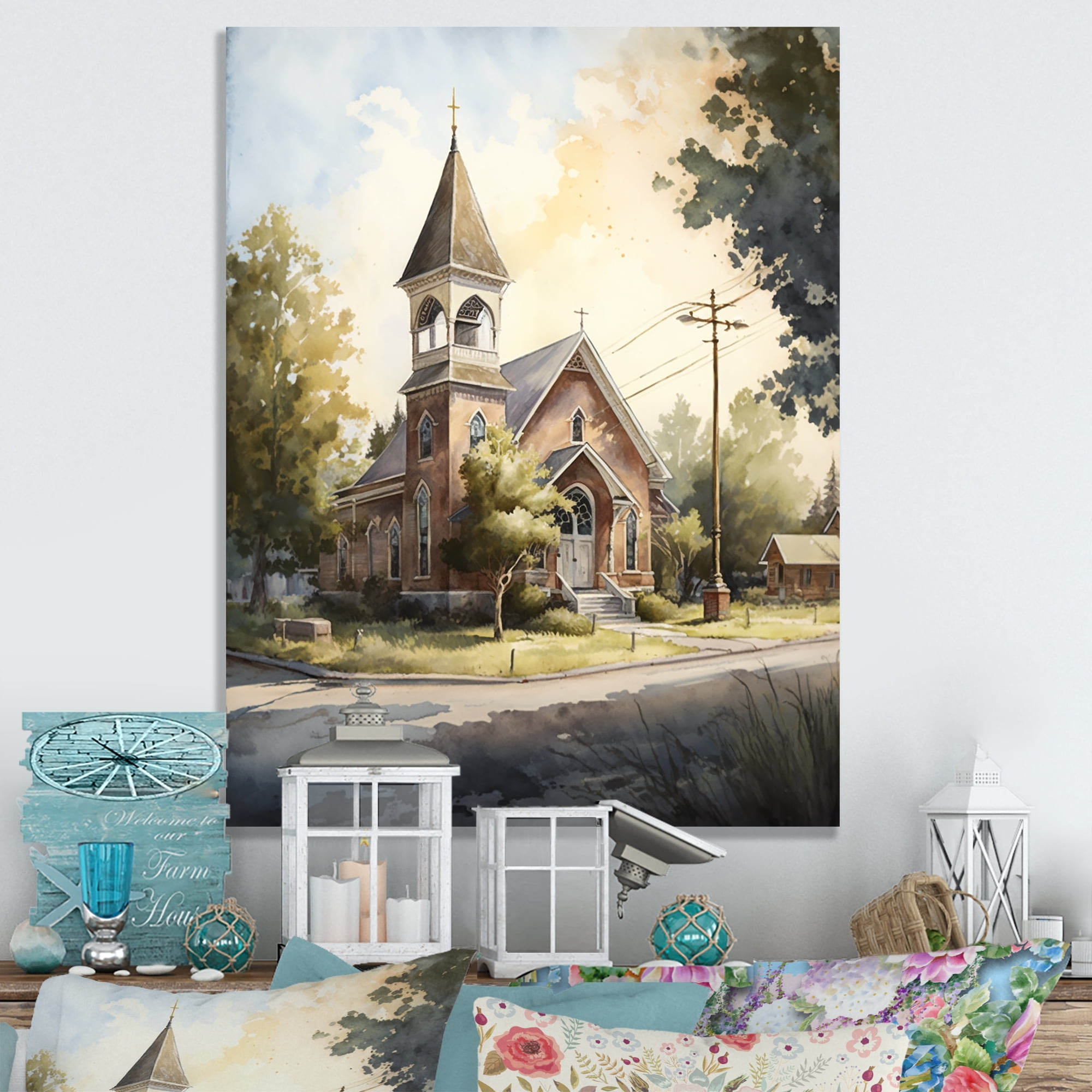 Designart Cute Church In A Small Town Canvas Wall Art