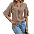 thumbnail image 4 of Womens T Shirts Summer Tops 2025 Solid Color V-Neck Double Layer Flared Mid Sleeve Loose Tees Tshirts Shirts for Women, 4 of 5