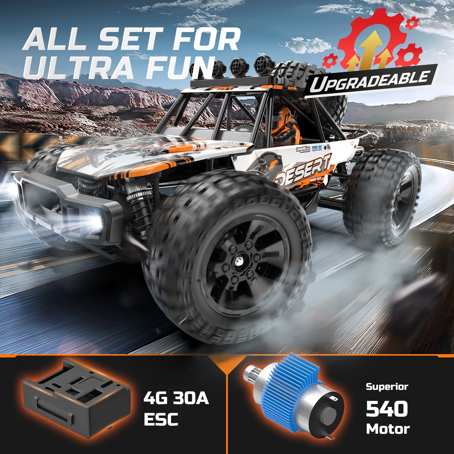DEERC 1:10 Scale RC Car for Adults & Boys, 48KM/H Speed 4X4 Hobby RC Monster Truck with Lights, 2 Rechargeable Batteries, 2.4 GHz All Terrain Remote Control Car Toys for 30mins Fun
