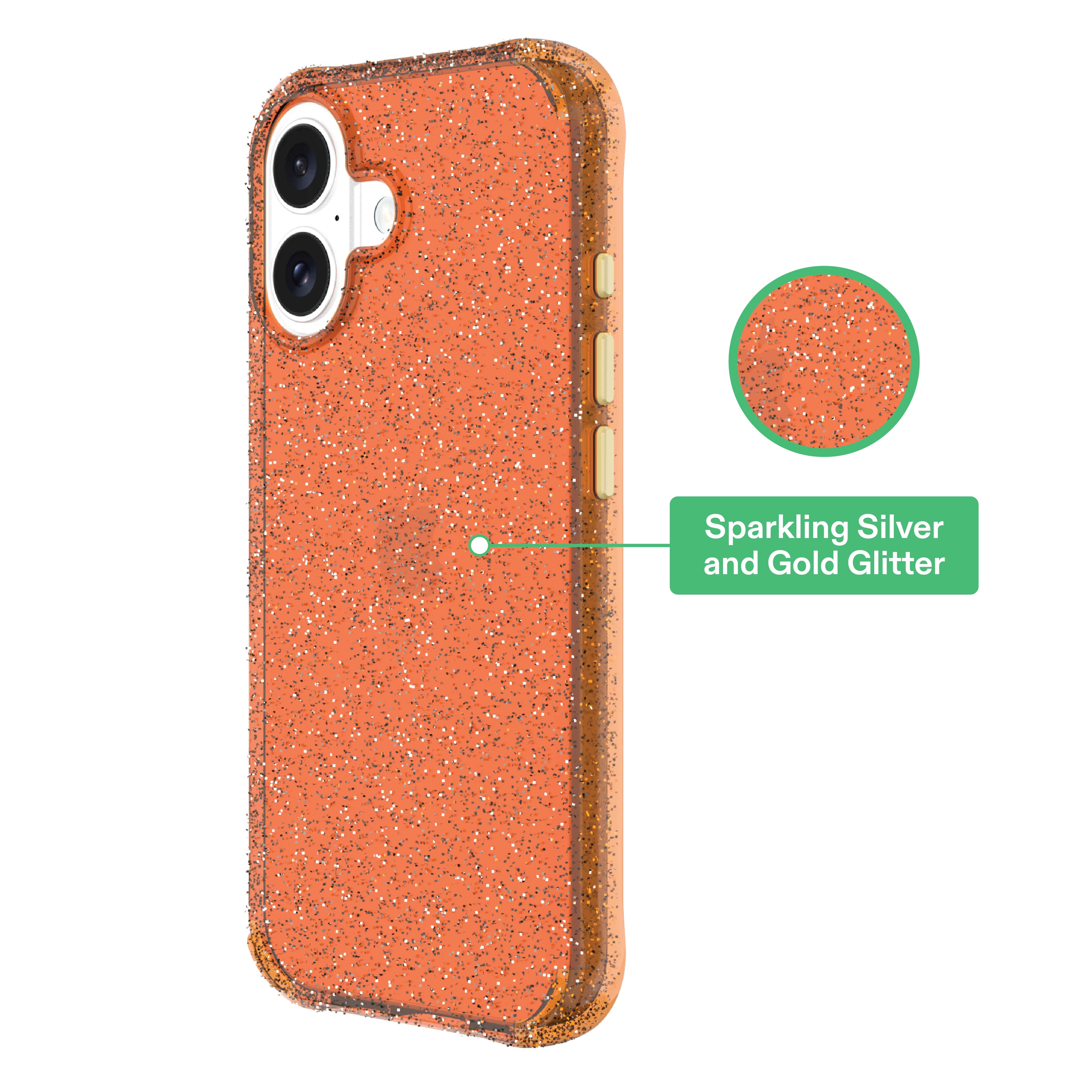 onn Sparkle Phone Case for iPhone 16 - Orange with Gold Glitter