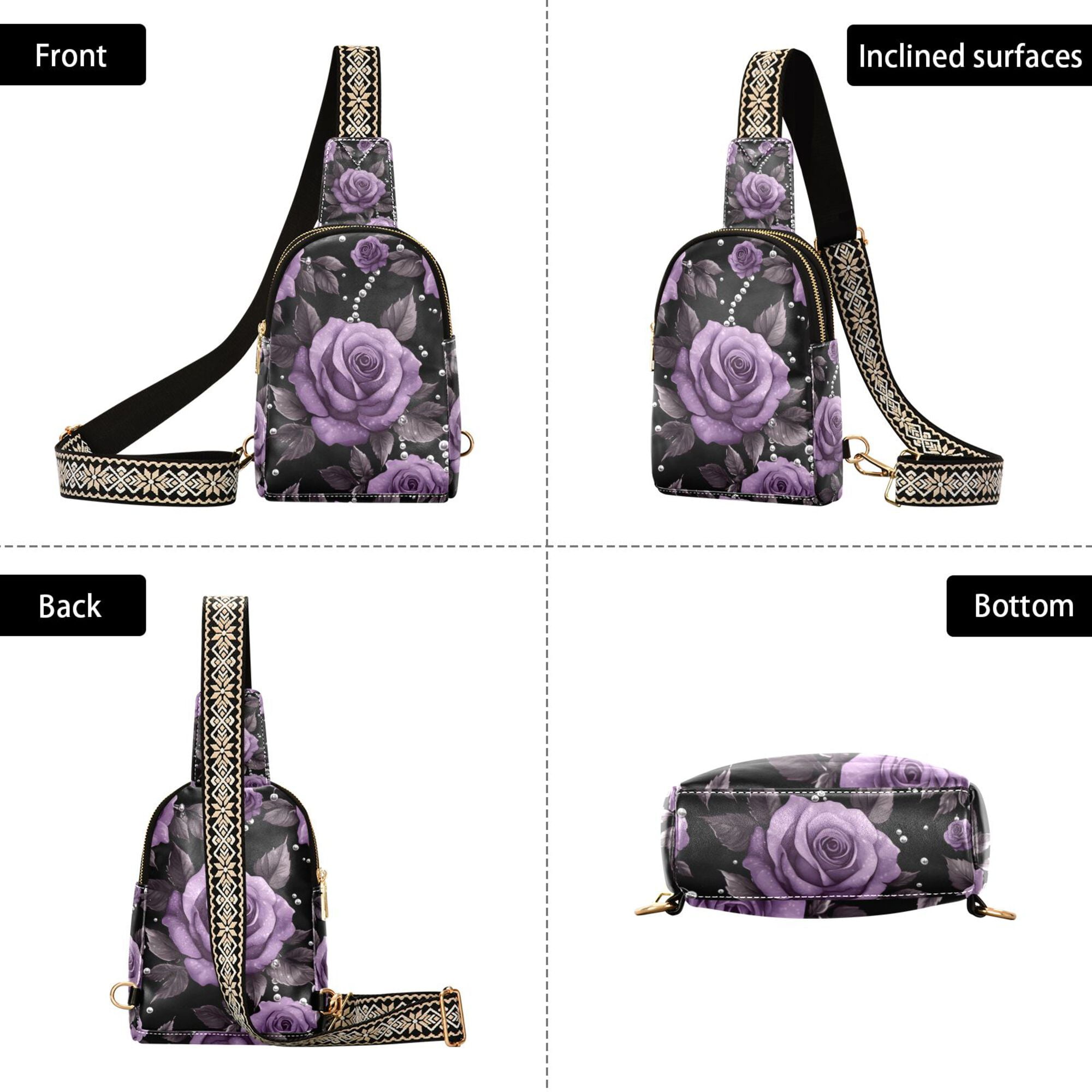 FORMRS Womens Crossbody Sling Bag Travel Daypack Shoulder Chest Backpack, Black Roses