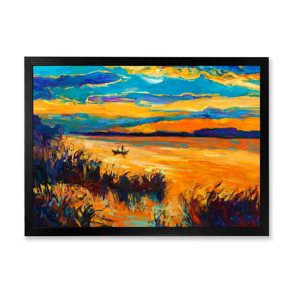 Little Boat At The Horizon Of A Lake During Evening Glow 40 in x 30 in Framed Painting Canvas Art Print, by Designart