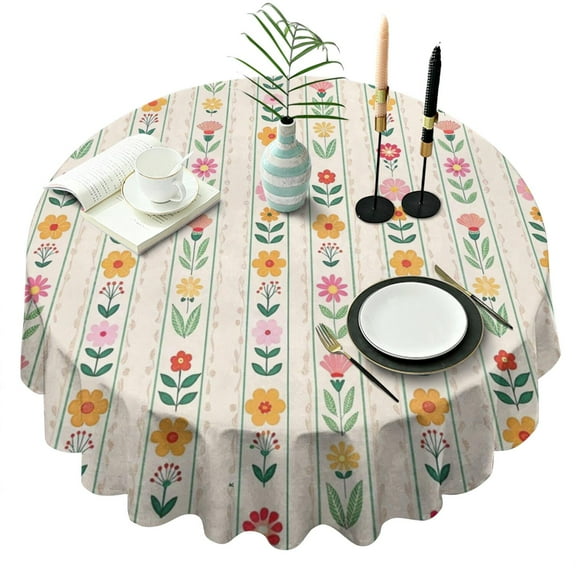 Pioneer Flower Floral Print Pattern Round Tablecloth 60"x60",Wrinkle Wipeable Table Cloth for Kitchen Dining Room Picnic Patio Party