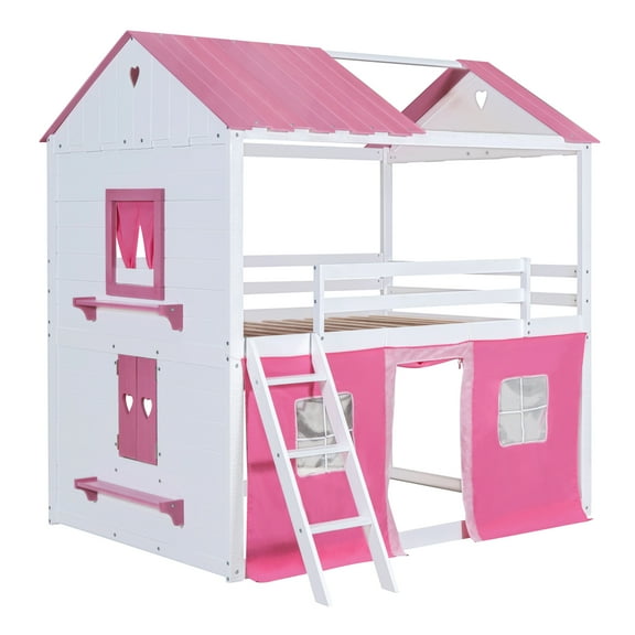 Newest Full Size Bunk Wood House Bed with Elegant Windows, Sills and Tent, Pink White