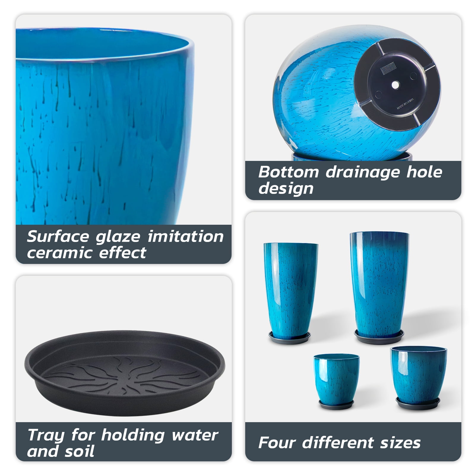 FIASON 4 Pack Large Plastic 24/21/12/10" H Blue Tall Planters, Tall Plant Pots for Outdoor Indoor with Shelf Inset, Glossy Flower Pot with Drainage Holes & Mesh Filter Screen for Front Porch Patio