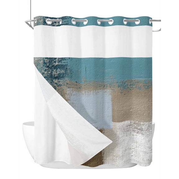 No Hook Shower Curtain with Snap-in Liner, Teal Blue Waterproof Fabric Bathroom Curtains, Brown White Minimalist Retro Smear Ombre Art Bath Curtains & Mesh Top Window Stand Up Stall 66"x72"