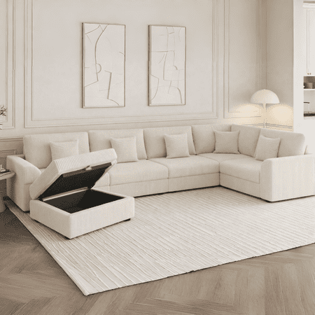 Advwin 146" Oversized Corduroy Modular Sectional Sofa, 6-Seat Convertible Sleeper Sofa with Ottoman & 5 Pillows, Modern L-Shaped Lounge Couch for Living Rooms, Beige