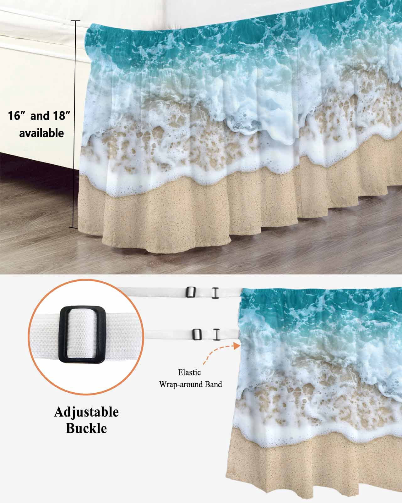 Ocean Beach Bed Skirt Queen Size 16" Drop Summer Sand Waves Nature Ruffled Wrap Around Bed Skirts Adjustable Elastic Bedskirt Dust Ruffle for Queen Size Bed