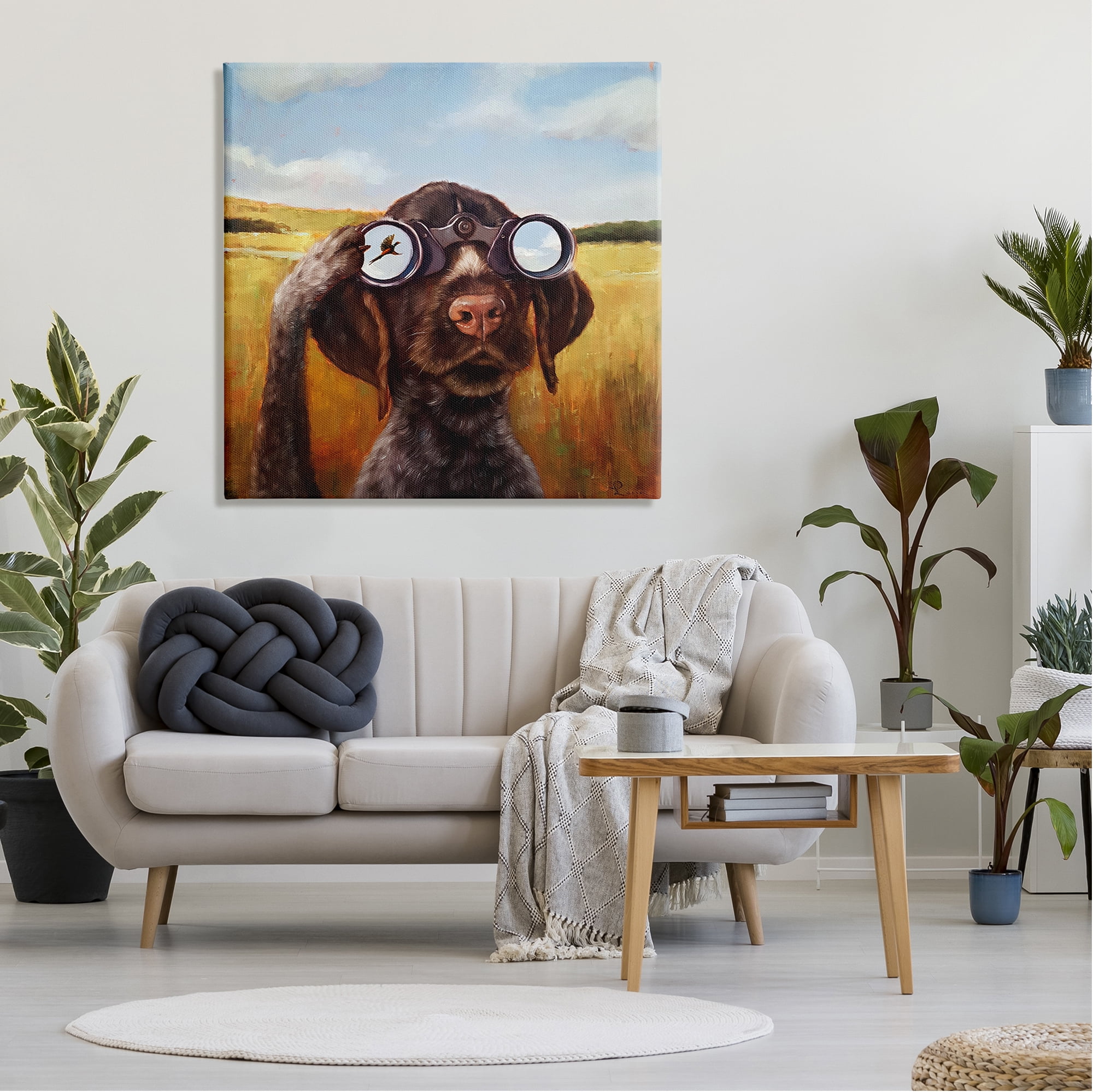 Stupell Industries Dog Watching Bird Binoculars Animals & Insects Painting Gallery Wrapped Canvas Print Wall Art, 36 x 36