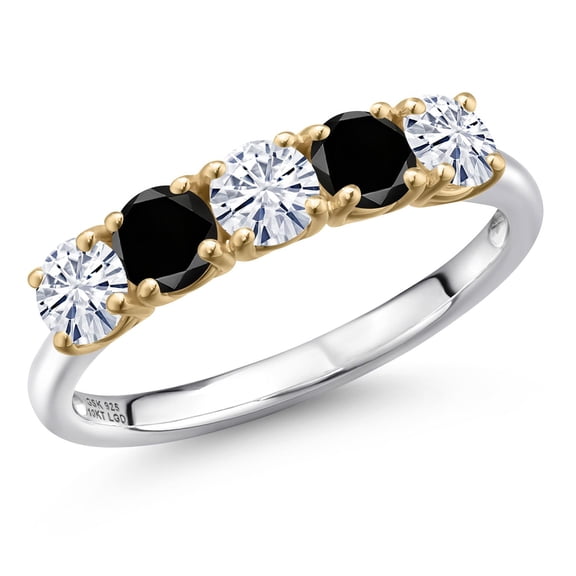 Gem Stone King 925 Silver and 10K Yellow Gold White Moissanite and Black Diamond Wedding-Bands Ring for Women | 1.23 Cttw | Round 4MM | Gemstone Birthstone | Size 5