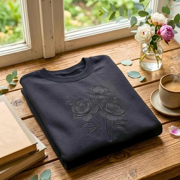 Embroidered Linocut Flower Botanical Boho Style, Sweatshirt