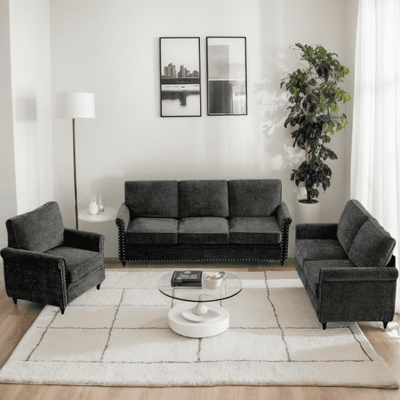 Puremind Living Room Furniture Sets, 3 Piece Sofa Set, Chenille Sectional Couches for Living Room/Apartment, Include Sofa, Loveseat and Armchair, Black