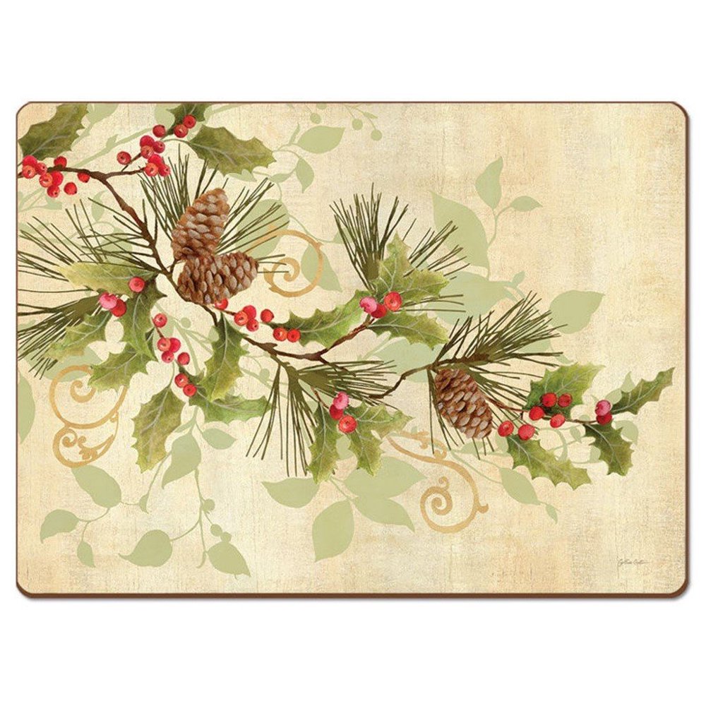 4 Cala Home Premium Hardboard Placemats Table Mats, Holly Branch