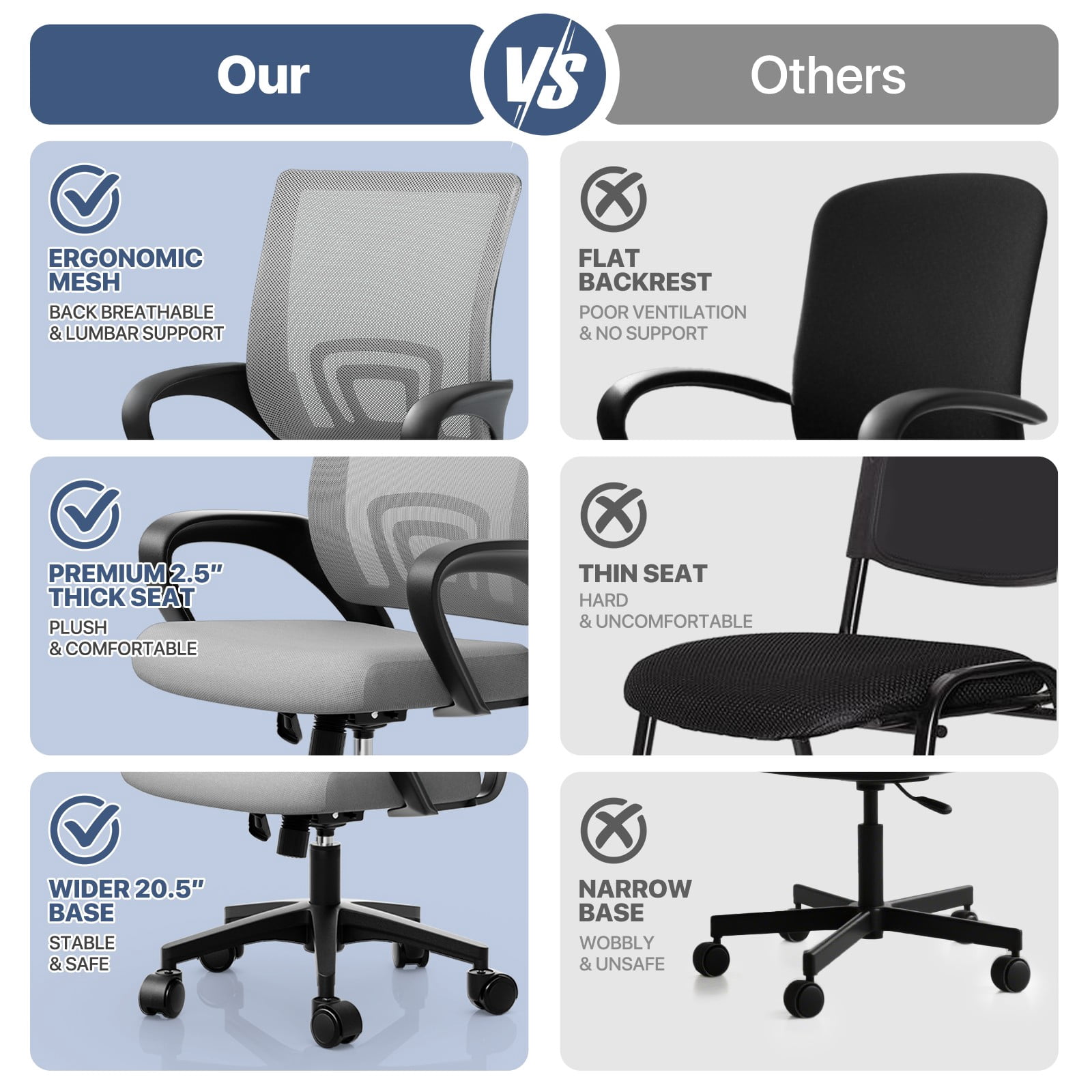 MoNiBloom Set of 2 Mid-Back Office Desk Chairs Ergonomic Adjustable Height Mesh Computer Chairs with Lumbar Support, Light Gary