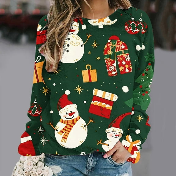 WXLWZYWL Christmas Sweatshirt Women Christmas Snowman Reindeer Print Pullover Casual Long Sleeve Holiday Shirts Tops