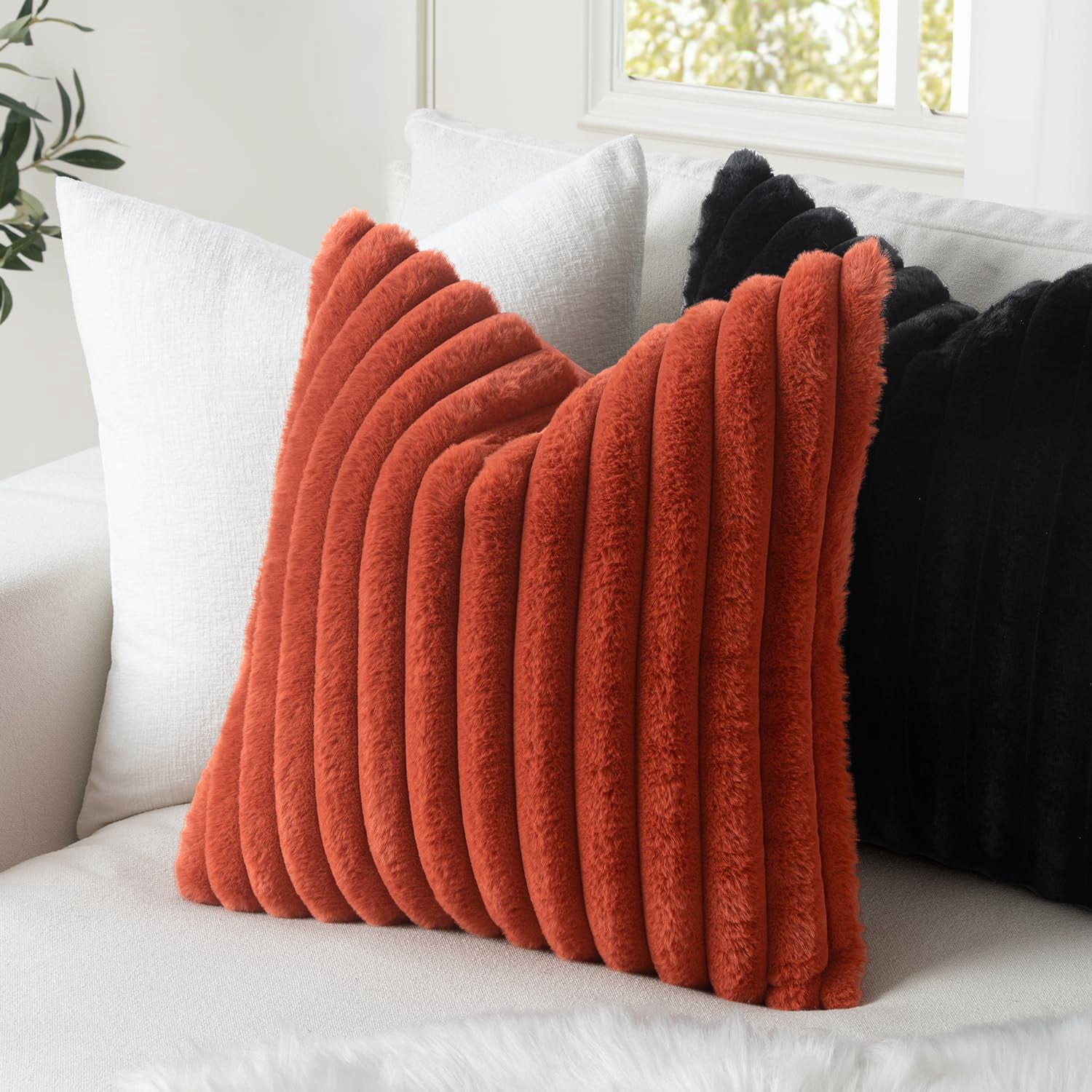 Lanola Faux Fur Decorative Throw Pillow Covers 18x18 Inch Set of 2, Modern Spring Home Decor Soft Plush Couch Pillows Cozy Fluffy Cushion Covers for Sofa Bed Sage Green
