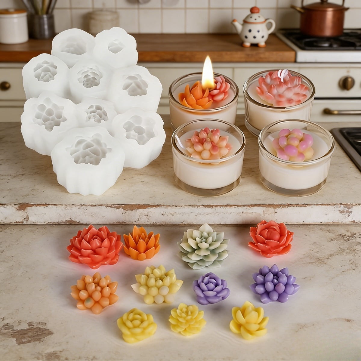 2 Piece Succulent Scented Candle Silicone Molds – 18 Cavity Flower Resin Molds, 3D Cactus Candle Molds, Perfect for Scented Candles, Soap, Wax, Resin Pouring, and Soap Cake Dessert Mousse Molds.