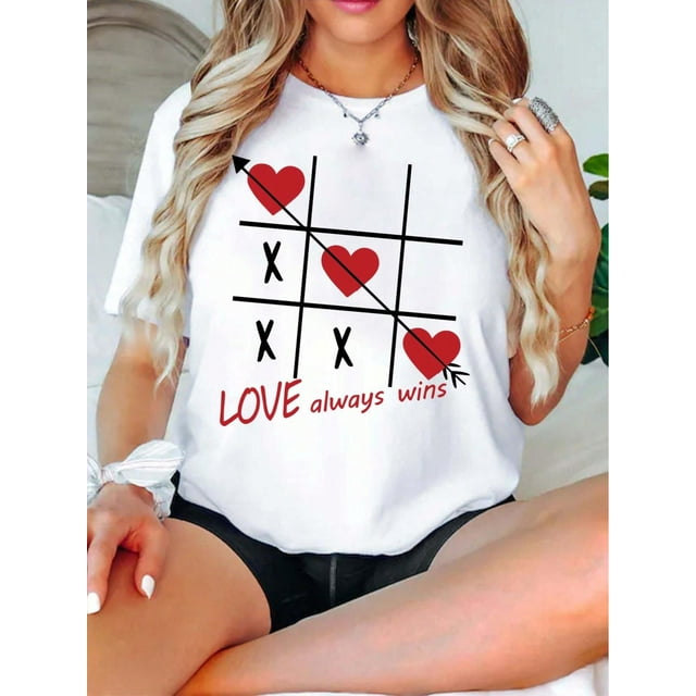 Valentine's Day Theme Nine Square Grid Game Print Women's T-Shirt, Valentine's Day Gift Casual, Fashionable, Comfortable, Soft, Athletic, Fitness, Daily Outdoor, Breathable Crew Neck Short Sleeve T-S