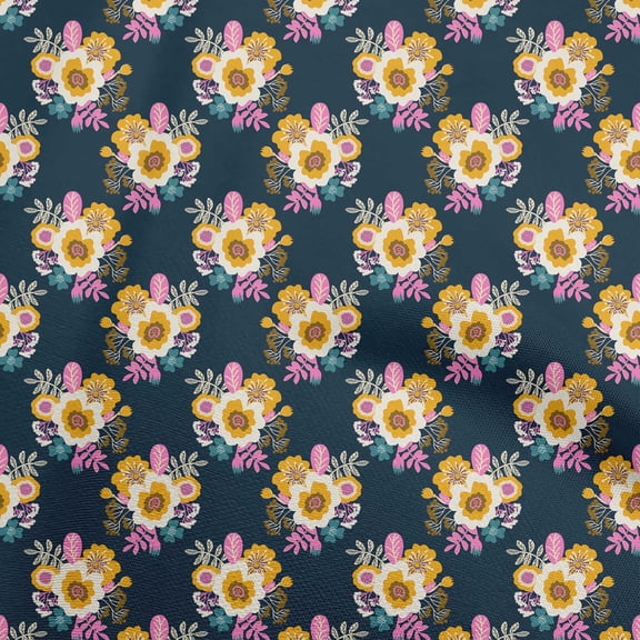 oneOone Polyester Lycra Navy Blue Fabric Asian Retro Floral Sewing Fabric By The Yard Printed Diy Clothing Sewing Supplies 56 Inch Wide