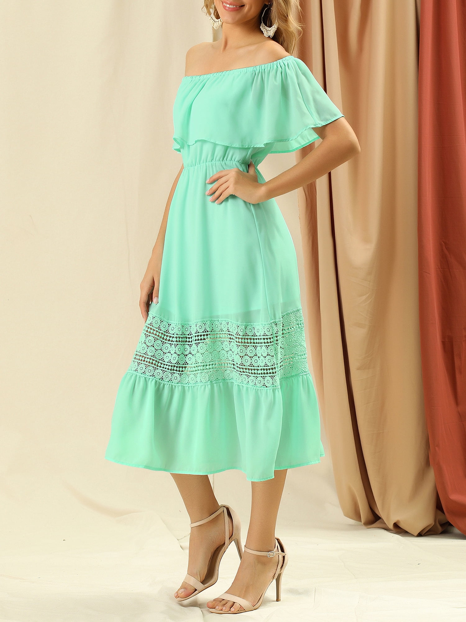 DARING DIVA Women's Off Shoulder Flutter Sleeve Maxi Dress L Mint Green