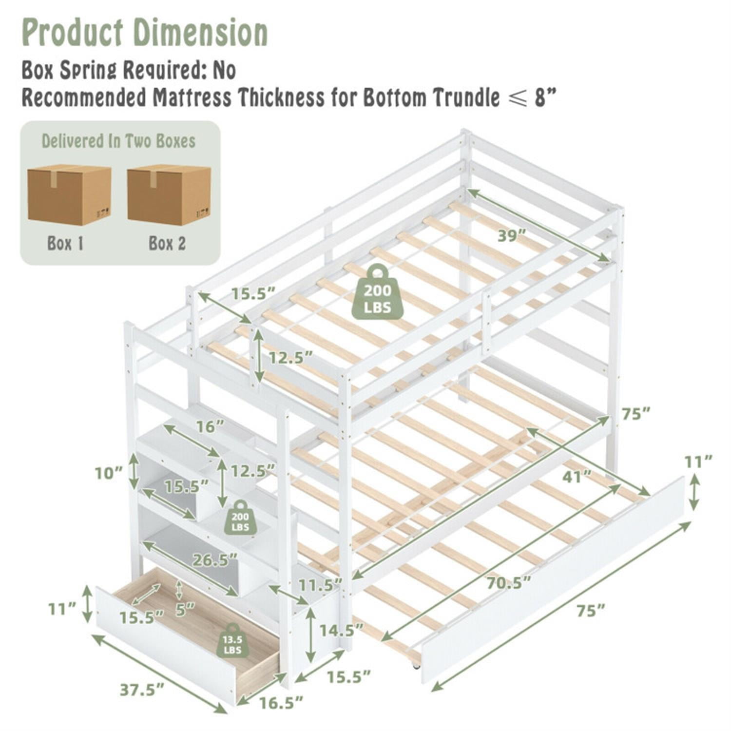 Demi Bonn Twin Pull-Out Bunk Beds with Ladder in the Steps and a Trundle, Bunk Bed Platform with Storage Shelf and Drawer, White