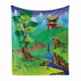 thumbnail image 1 of Tibetan Soft Flannel Fleece Blanket, Cartoon Style Chinese Landscape with Tree Waterfall Mountains and House Green Field, Cozy Plush for Indoor and Outdoor Use, 50" x 70", Multicolor, by Ambesonne, 1 of 6