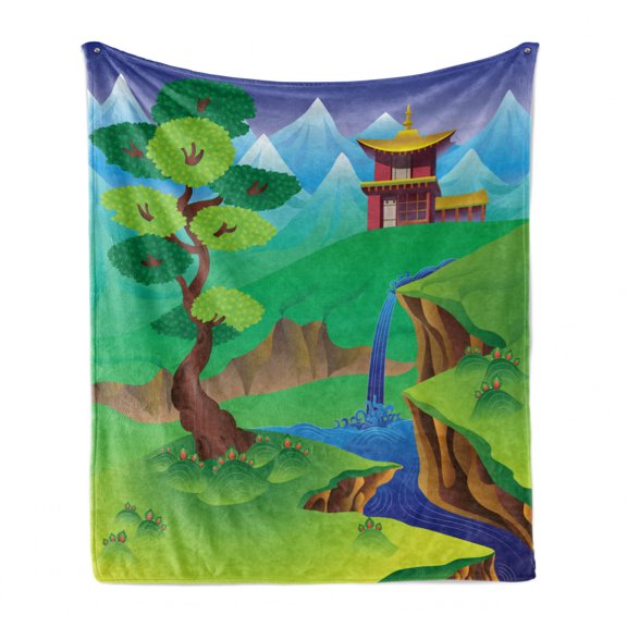 Tibetan Soft Flannel Fleece Blanket, Cartoon Style Chinese Landscape with Tree Waterfall Mountains and House Green Field, Cozy Plush for Indoor and Outdoor Use, 50" x 70", Multicolor, by Ambesonne