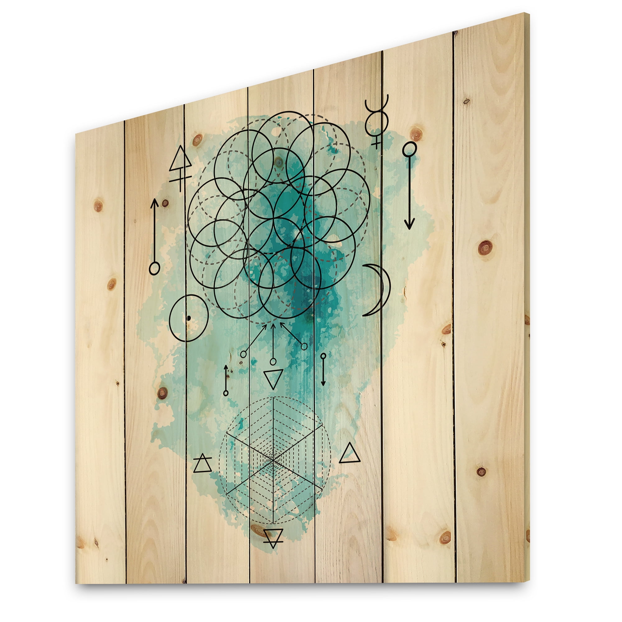 Designart 'Sacred Geometry and Symbol of Alchemy I' Bohemian & Eclectic Print on Natural Pine Wood