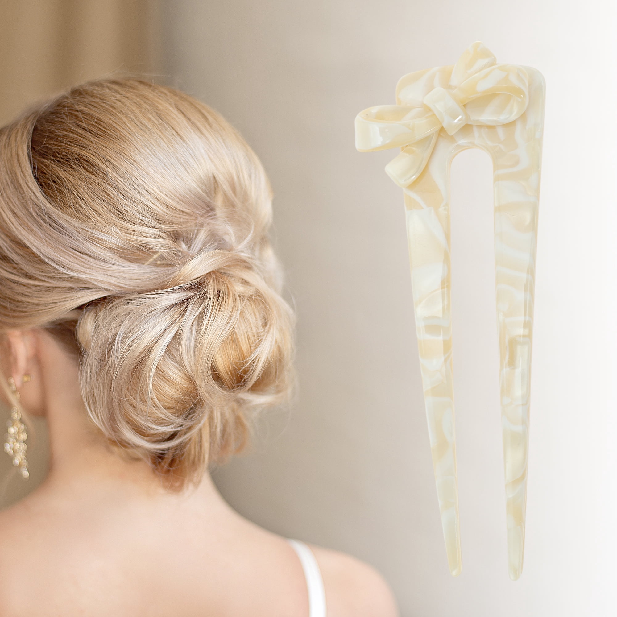 Unique Bargains Comfortable No Slip Bow Chignon Pin for Women 1 Pc Yellow and White