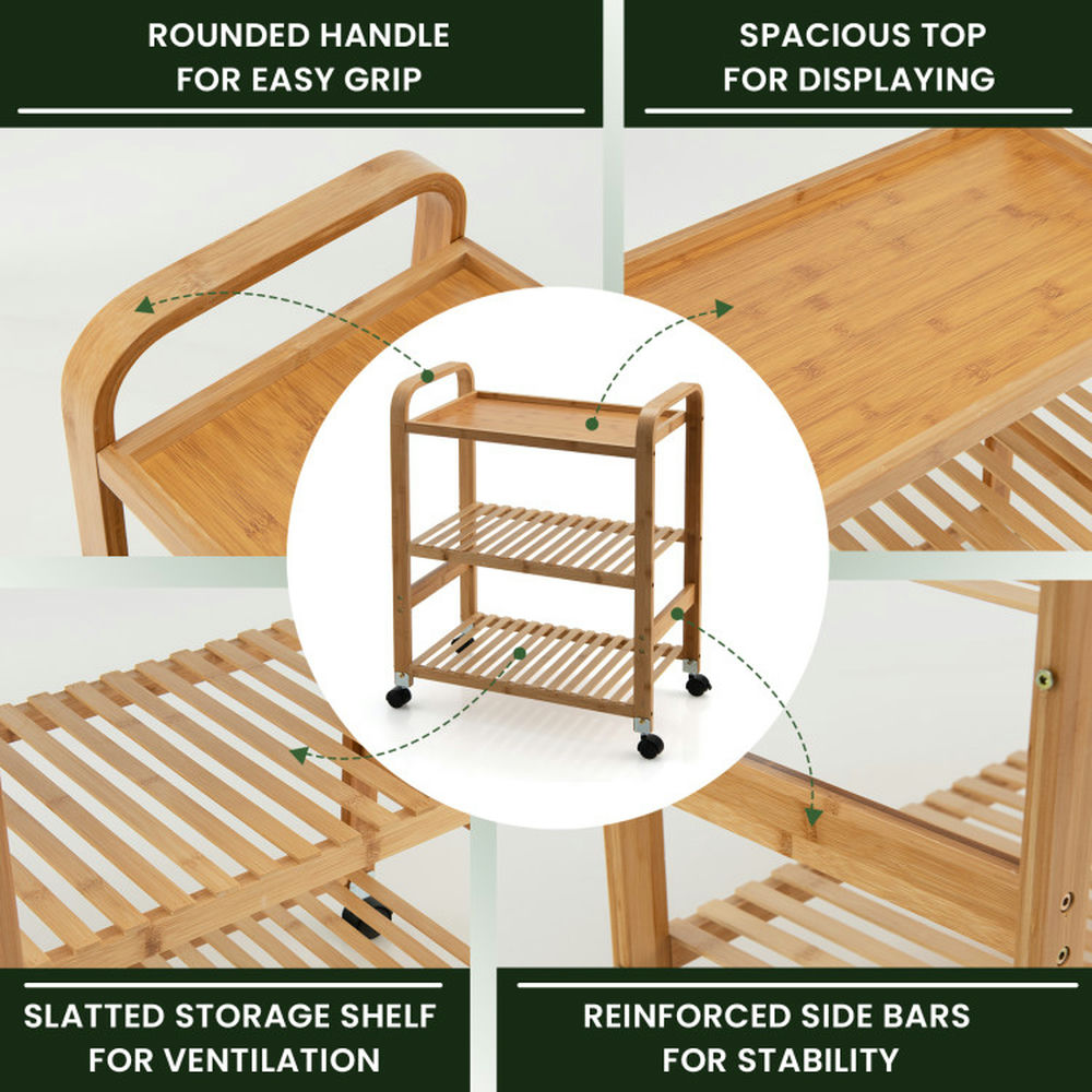 Finihen Rolling Cart, Kitchen Island Cart, Multifunctional Bamboo Kitchen Rolling Cart with Locking Casters and Sided Handles-3-Tier, for Kitchen, Dining Room, Natural Finihen Rolling Cart, Kitchen Island Cart, Multifunctional Bamboo Kitchen Rolling Cart with Locking Casters and Sided Handles-3-Tier, for Kitchen, Dining Room, Natural